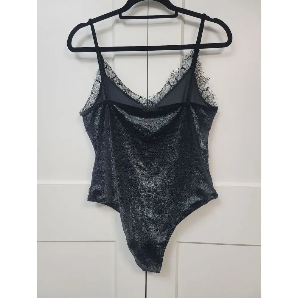Topshop Black Shimmer Velvet & Lace Trim Bodysuit - Strappy V-Neck Size 12